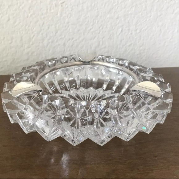 Mid Century Modern Ashtray Heavy Clear Cut Glass Silver Plate Starburst MCM - Picture 3 of 7